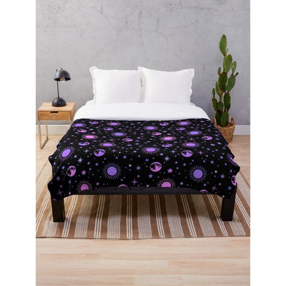 Purple Celestial Sun, Moon and Stars Black Fleece Blanket, Polyester Fleece Fabric, 280 GSM, for Couch or Bed
