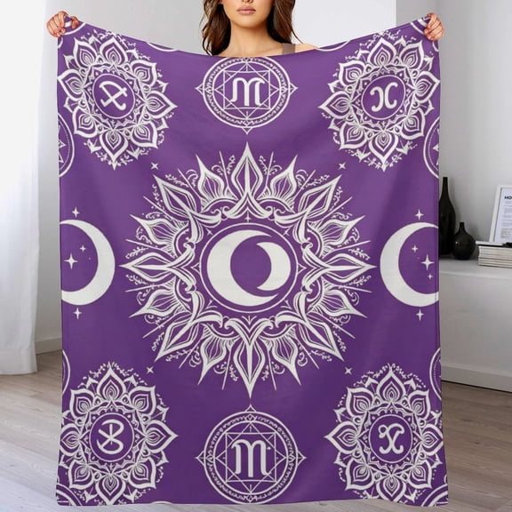 Purple Celestial Zodiac Flannel Blanket Moon Star Mandala Astrology All Season Suitable for Home Decor Outdoors Camping Living Rooms Offices