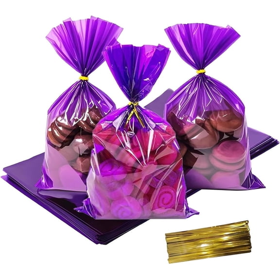 Purple Cellophane Treat Bags - Duslogis 100Pcs Cello Bags Resealable 6x9 Inch Candy Favor Bags for Parties, Holidays, Snacks Goodie Gifts Party