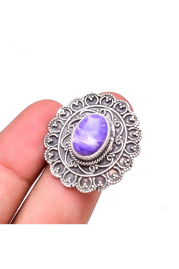 Purple Charoite Designer Handmade Oxidised 925 Sterling Silver Ring S.9.5 R27