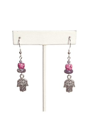 Purple Charoite, Pink Crazy Lace Agate, and Hand of Hamsa Earrings