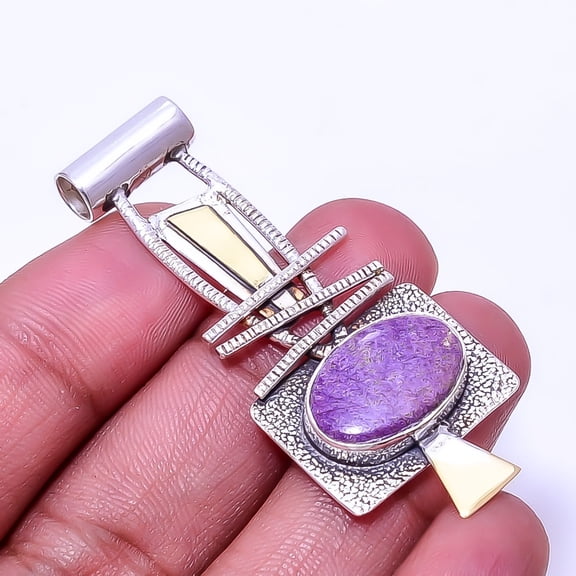 Purple Charoite - Siberia 925 Sterling Silver Two Tone Designer Pendant 2.15"P52