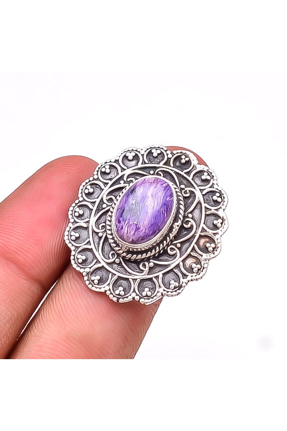 Purple Charoite - Siberia Handmade Oxidised 925 Sterling Silver Ring S.9 R9