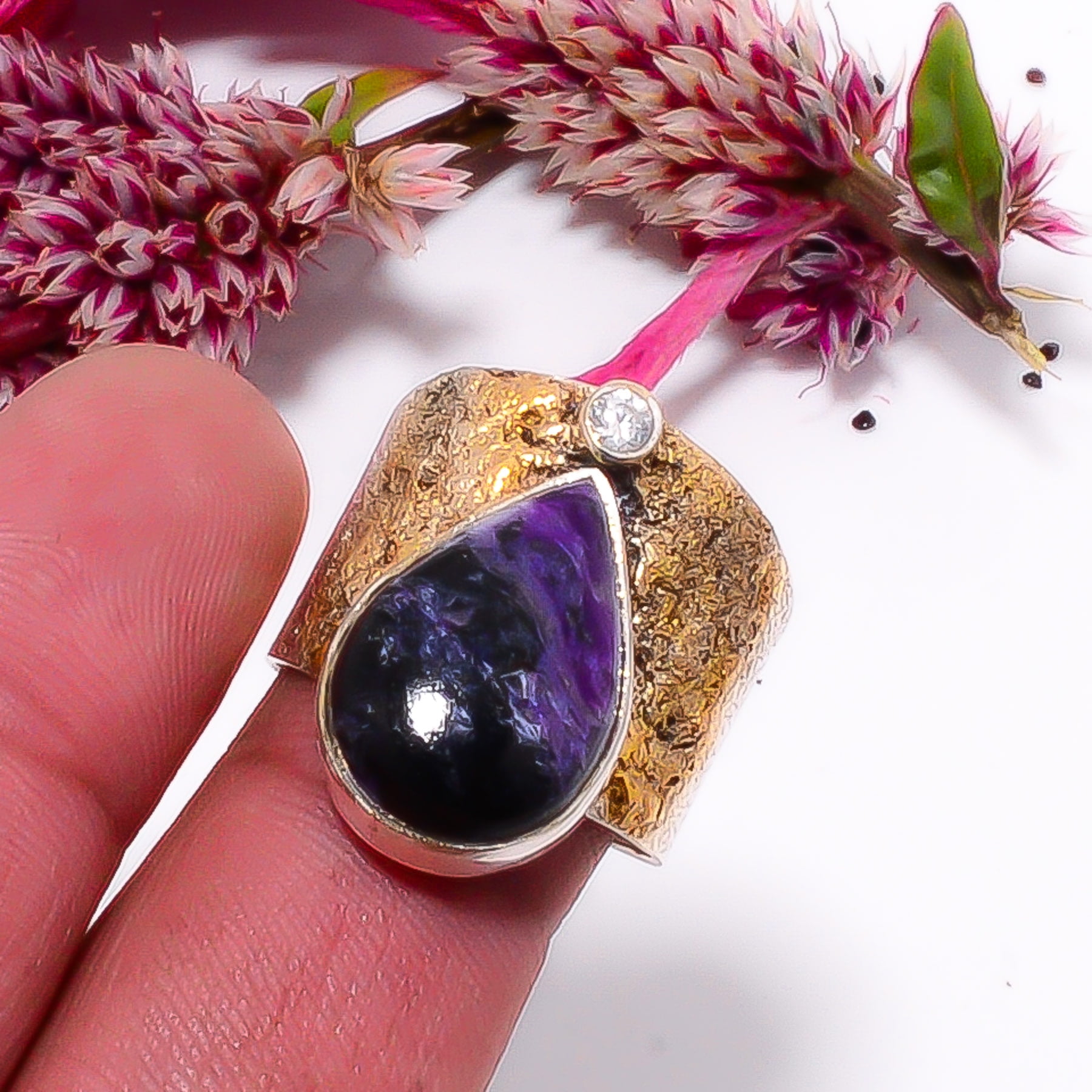 ZAM GEMS Purple Charoite - Siberia & White Topaz Two Tone Designer 925 Sterling Silver Ring s.9 Sku29, Purple Ring, Natural Gemstone Ring