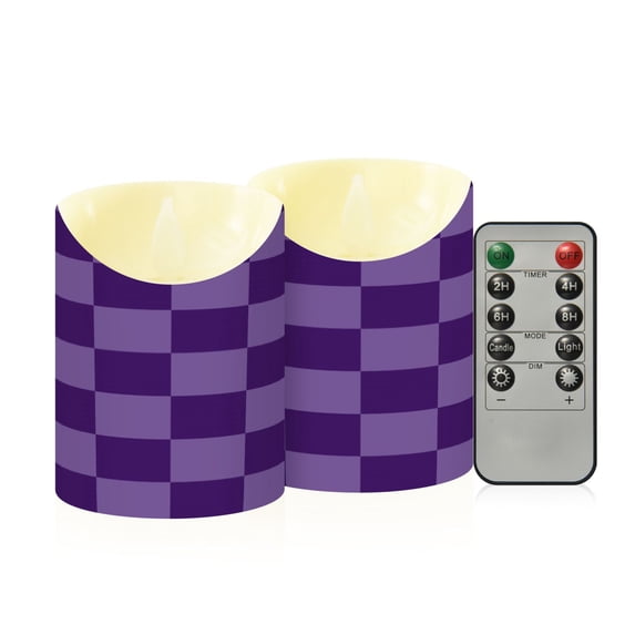 Purple Checked Pattern Flameless Candles 2 PCS with Remote Realistic Moving Flame LED Tapered Pillar Set for Home Decor