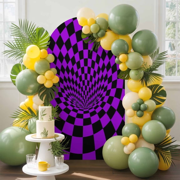 Purple Checker Arch Backdrop Cover, 4FT, Modern Abstract Deep Purple Tunnel Mosaic Cubes Spandex Arch Covers Double-Sided Backdrop for Wedding Birthday Party Photo Background Decoration