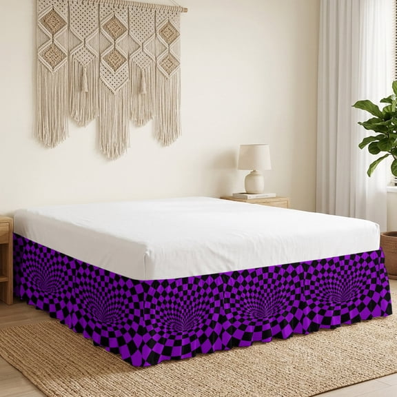 Purple Checker Bed Skirt California King Size 18 Inch Drop, Modern Abstract Deep Purple Tunnel Mosaic Cubes Wrap Around Dust Ruffle Bedskirt with Adjustable Elastic Belt for California King Size Beds