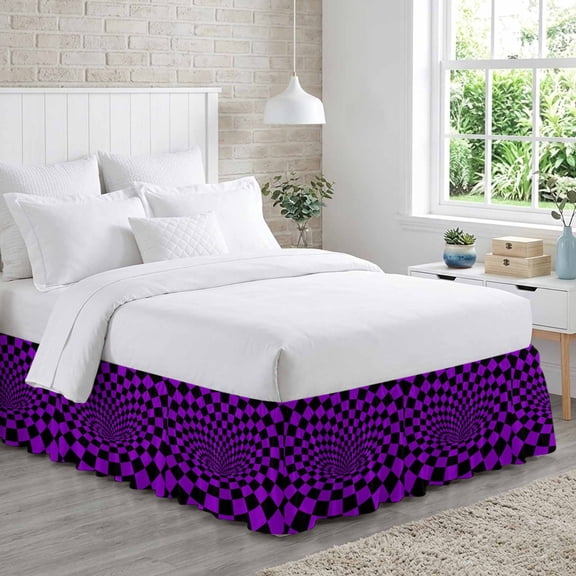 Purple Checker Bed Skirt King Size 16 Inch Drop, Modern Abstract Deep Purple Tunnel Mosaic Cubes Adjustable Elastic Dust Ruffles Bedskirt for King Bed Wrap Around Pleated Mattress Frame Cover