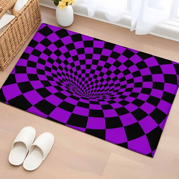 Purple Checker Entryway Rug 2'x3' Modern Abstract Deep Purple Tunnel Mosaic Cubes Small Area Rug Non-Slip Front Door Mat Washable Floor Carpet for Indoor Entrance Kitchen Bathroom