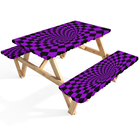 Purple Checker Picnic Table Cover with Bench Covers Modern Abstract Deep Purple Tunnel Mosaic Cubes Waterproof Fitted Picnic Tablecloth 3 Pieces Set Table Cloth for Outdoor Camping Garden BBQ
