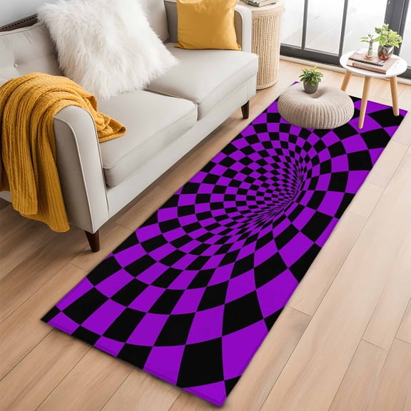 Purple Checker Runner Rug 2'x6' Modern Abstract Deep Purple Tunnel Mosaic Cubes Hallway Runner Rugs Washable Non-Slip Bedside Floor Mats Carpet for Kitchen Bedroom Laundry Room Bathroom