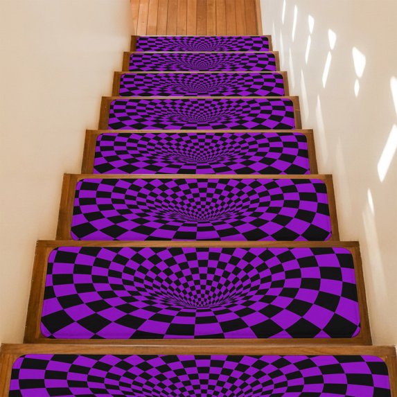 Purple Checker Stair Treads Non Slip for Steps Modern Abstract Deep Purple Tunnel Mosaic Cubes 15 Pcs Reusable Adhesive Stair Runner Mats for Dogs Elders Carpet Treads Rugs for Staircase 8x30 In