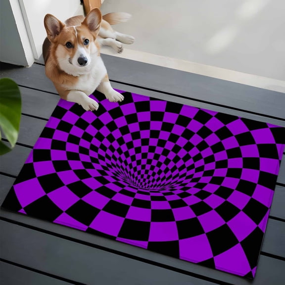 Purple Checker Washable Entry Rug 2x3 Modern Abstract Deep Purple Tunnel Mosaic Cubes Low Pile Indoor Door Mat with Rubber Backing Thin Area Rug for for Entrance, Bedroom, Kitchen, Laundry, Bathroom