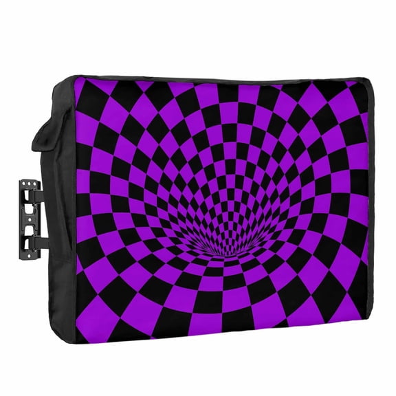 Purple Checker Waterproof Outdoor TV Cover, Modern Abstract Deep Purple Tunnel Mosaic Cubes Outside Weatherproof TV Enclosures for 80 to 85 Inch LCD Television Shield Flat Screen Protectors