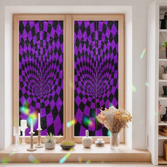 Purple Checker Window Privacy Film Modern Abstract Deep Purple Tunnel Mosaic Cubes Static Cling Stained Glass Window Film Non-Adhesive Decorative Decals Rainbow Sticker 23.6"X59"