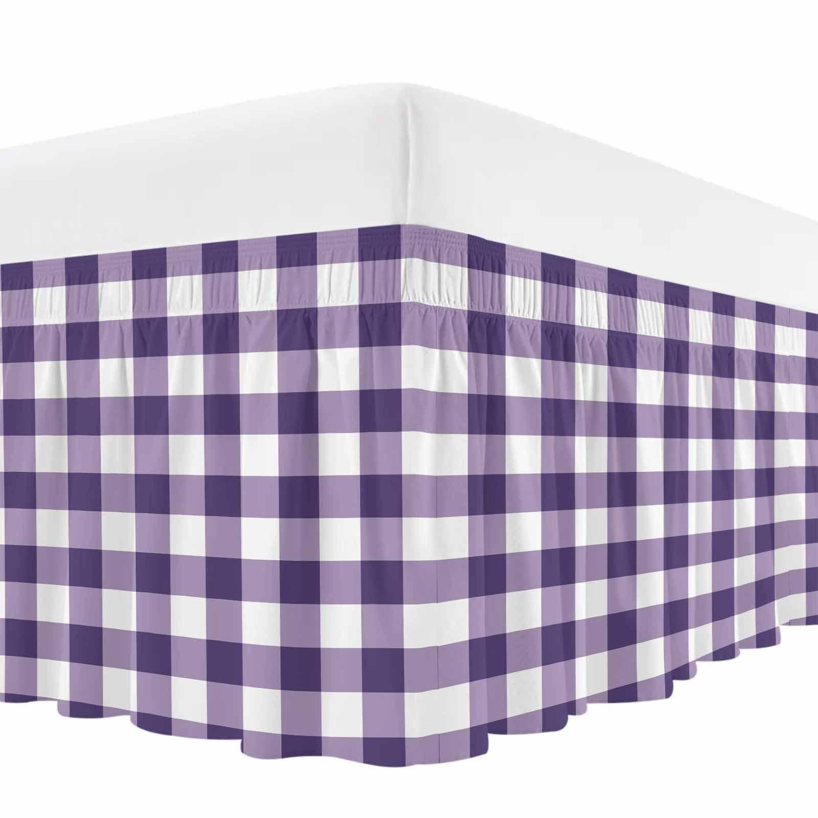 Purple Checkered Bed Skirt Queen Size, Farmhouse Buffalo Plaid Wrap Around Bed Skirting with Adjustable Elastic Strap, Dust Ruffle Pleated Bedskirts 18 Inch Drop for Bedroom Queen Beds