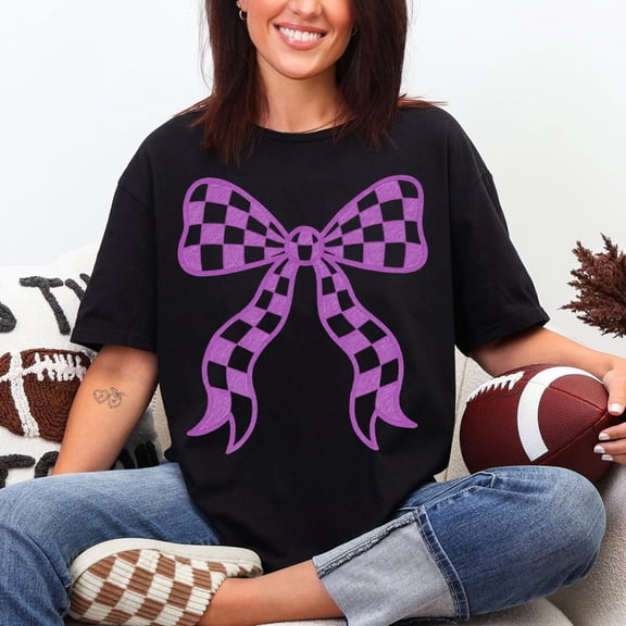 Purple Checkered Bow, Purple Game Day Shirt Design, Checkered School Mascot, Coquette Bow Game Day Shirt Design, Baseball Football All Size S-5Xl