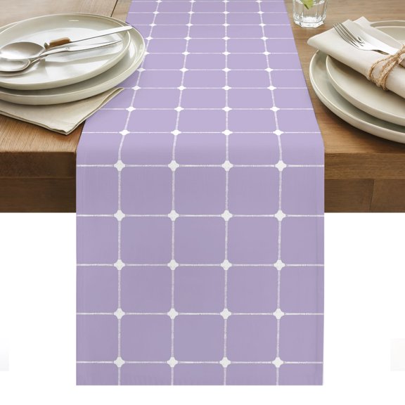 Purple Checkered Cotton Linen Table Runner Modern Minimalist Geometric Grid Lines Plaid Dining Table Runners for Home Decor Party Dining Room Restaurant Kitchen Party 13" x 36"