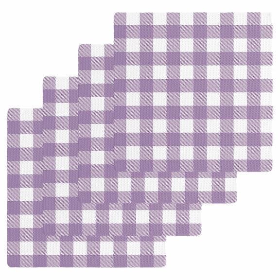 Purple Checkered Dish Towels Set, Waffle Weave Kitchen Towels 4 Pieces, Farmhouse White Buffalo Plaid Microfiber Hair Face Bath Tea Towel Absorbent Quick Drying Cleaning Dish Cloths, 12"x12"
