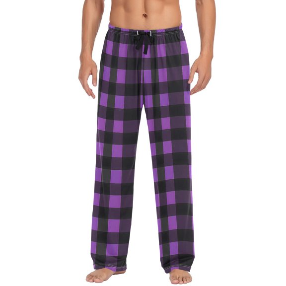 Purple Checkered Grid Pattern Men's Pajama Pants Cotton Long Sleepwear Lounge Pants L