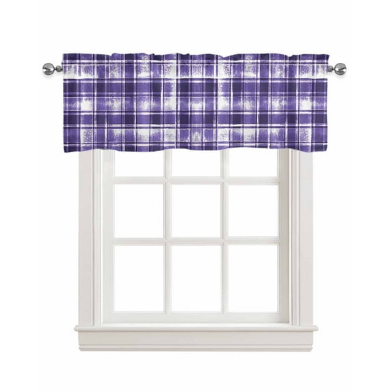 Purple Checkered Linen Curtain Valance for Bedroom/Bathroom/Kitchen/Office/Living/Dining Room Window,Vintage Watercolor Purple Plaid Rod Pocket Topper Decorative Cafe Drapes Panel 60"x18"