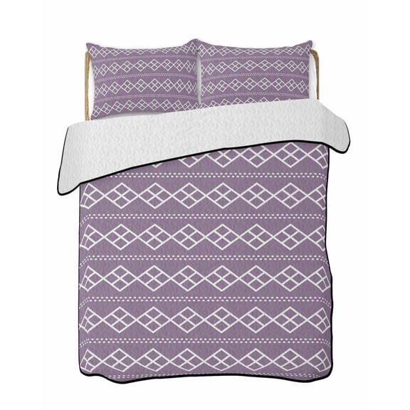 Purple Checkered Quilts Bedding Set Queen Size Abstract White Geometric Argyle Stripe Modern Lightweight Quilted Bedspread 3 Piece Bed Quilt with 2 Pillow Shams All Season for Bedroom 78" x 90"