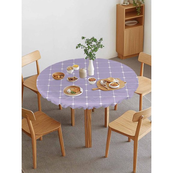 Purple Checkered Round Fitted Tablecloth with Elastic Edge, Modern Minimalist Geometric Grid Lines Plaid Waterproof Stretch Table Covers for 55"-60" Tables Wipeable Table Cloth for Outdoor