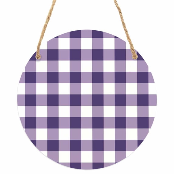 Purple Checkered Round Front Door Welcome Sign, 7.8 Inch Wall Hanging Decor for Indoor Outdoor, Farmhouse Buffalo Plaid Home Porch Hanger Decorations for Holiday Gift