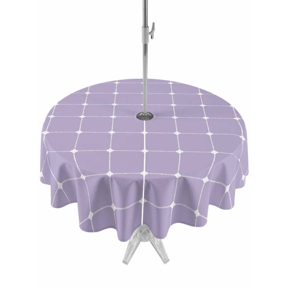 Purple Checkered Round Outdoor Tablecloth with Umbrella Hole Modern Minimalist Geometric Grid Lines Plaid 54 Inch Round Waterproof Table Cover Zippered Table Cloth for Garden Patio