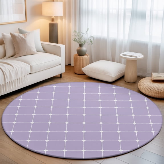 Purple Checkered Round Rug 4Ft Modern Minimalist Geometric Grid Lines Plaid Circle Area Rugs Washable Non Slip Indoor Floor Mats Carpet for Living Room Bedroom Dining Room Home Decor
