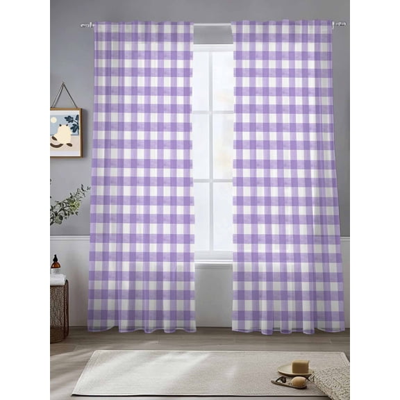 Purple Checkered Sheer Curtains 108 Inches Long 2 Panels Farmhouse Classic Light Filtering Semi Sheer Window Curtains Drapes for Bedroom Living Room 52"x108"