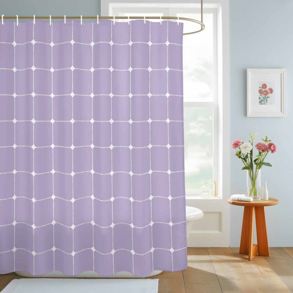 Purple Checkered Shower Curtain, Modern Minimalist Geometric Grid Lines Plaid Waterproof Washable Shower Curtain for Bathroom Bathtub Partition Bath Decoration Set with Hooks 72x72in