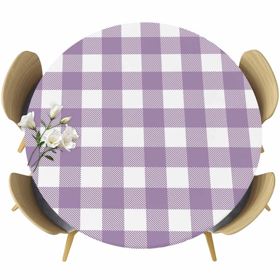 Purple Checkered Table Cloth, Round Fitted Tablecloths with Elastic Edge, Farmhouse White Buffalo Plaid Wipeable Waterproof Table Cover for Kitchen Wedding 55-60 Inches
