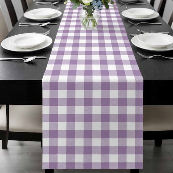 Purple Checkered Table Runner 60 Inches Long, Farmhouse White Buffalo Plaid Kitchen Coffee Dining Table Decoration for Home Party Birthday Wedding Home Decor 13x60 Inches