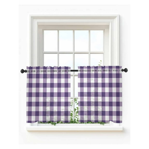 Purple Checkered Tier Curtains 36 Inch Length, Sheer Curtains for Bedroom Living Room Window, Farmhouse Buffalo Plaid Rod Pocket Voile Drapes Kitchen Curtains Small Half Window 27.5"x36" 2 Panels