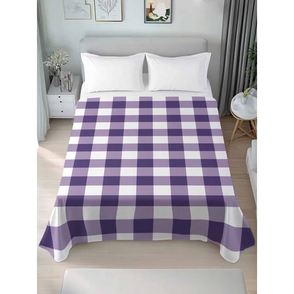 Purple Checkered Twim XL Size Flat Sheet, Wrinkleproof & Fadeproof Cooling Flat Bed Sheet Only, Farmhouse Buffalo Plaid Breathable Soft Bedding Top Sheets 66 x 102 Inches