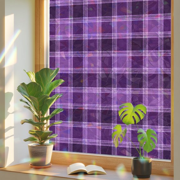 Purple Checkered Window Privacy Film Rainbow Static Cling Stain Glass Window Film for Glass Door, Decorative Sunroof Decal Sticker for Car 29.5"x78.7" Modern Farmhouse Purple Buffalo Plaid