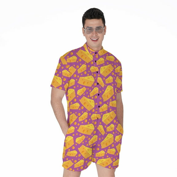 Purple Cheese And Holes Pattern Short Sleeve Men'S Rompers Casual Summer Jumpsuits Outfit