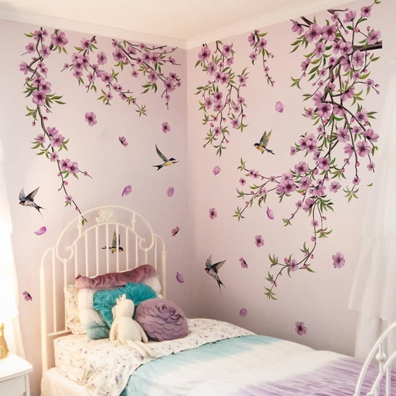 Purple Cherry Blossom Wall Decals Watercolor Pink Flower Branch Bird Wall Stickers Living Room Bedroom TV Background Walls Decor (Purple Blossom Branch)