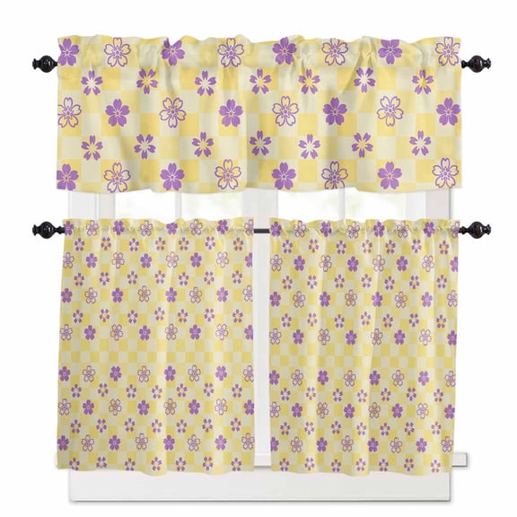 Purple Cherry Blossoms Kitchen Curtains Valances and Tiers Yellow Checkered Tier Curtains and Valance Rod Pocket Valance Curtains Set 27.5"W x 36"L, 3pcs