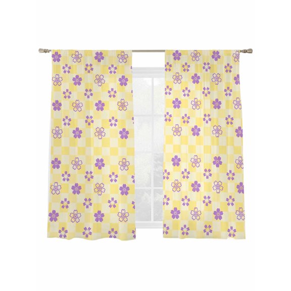Purple Cherry Blossoms Sheer Curtains 2 Panels Set Yellow Checkered Sheer Window Curtains Light Filtering Rod Pocket Voile Drapes for Bedroom Living Room 52"x63"