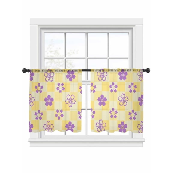 Purple Cherry Blossoms Sheer Curtains 2 Panels Set Yellow Checkered Sheer Window Curtains Light Filtering Rod Pocket Voile Drapes for Bedroom Living Room 52"x45"
