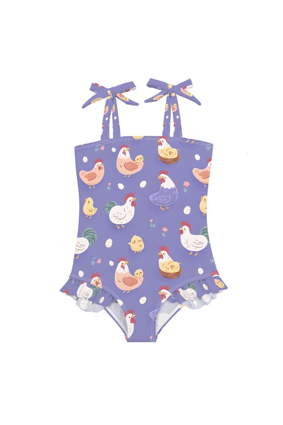Purple Chicken Hen Pattern Girls' One-Piece Swimsuit Bowknot Tie Shoulder Ruffled Stretchy Quick Dry