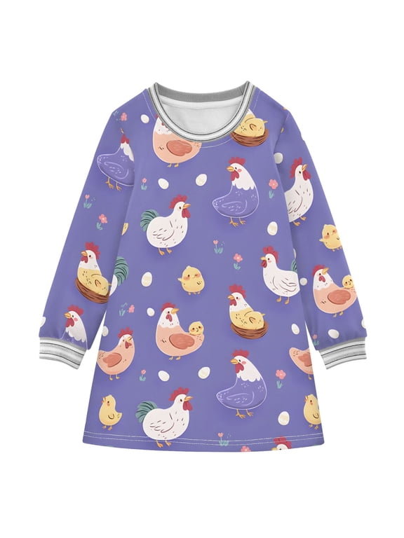 Purple Chicken Hen Pattern Girls'long-sleeved dress Thickened A-dress Warm Dress Basic Shirt Party Dresses