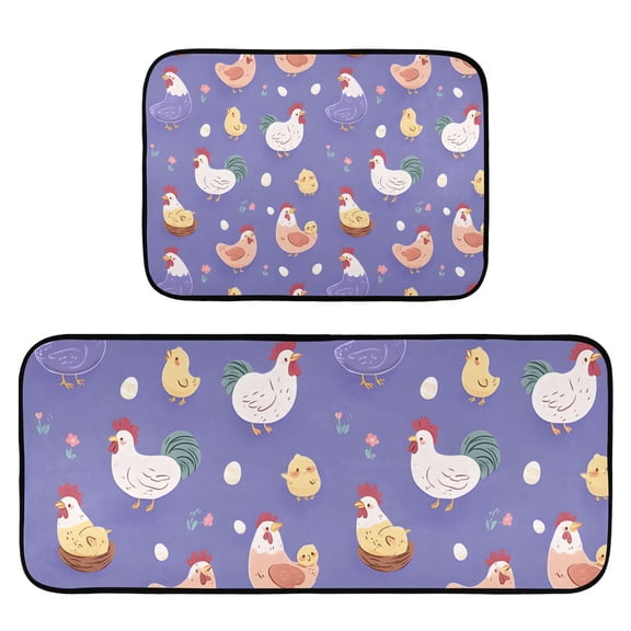 Purple Chicken Hen Pattern Kitchen Mat 2 Piece Non Slip Absorbent carpet Floor Mat 19.7x27.6in+19.7x47.2in