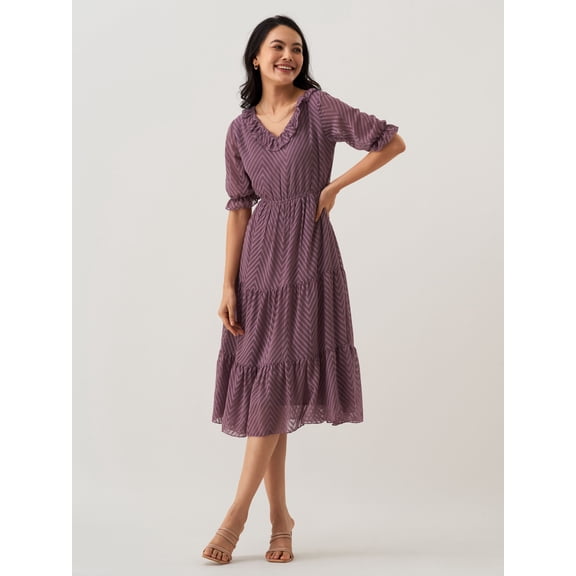 Purple Chiffon Brasso Swiss Dot V-Neck Dress