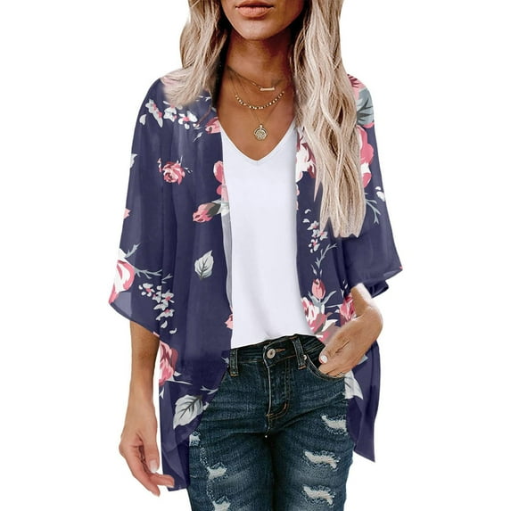 Purple Chiffon Kimono Cardigan,Kimono Cardigans for Women Summer Floral Print Puff Sleeve Chiffon Tops Lightweight Loose Cover Up Casual Blouse Tops