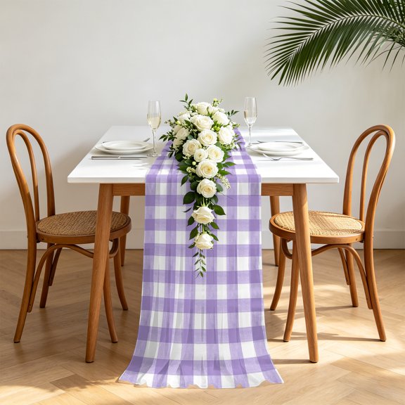 Purple Chiffon Wedding Table Runner 55 Inches Long, Country French Rustic Buffalo Plaid Modern Art Voile Sheer Tulle Runner for Rustic Reception Bridal Shower Decorations Birthday Party
