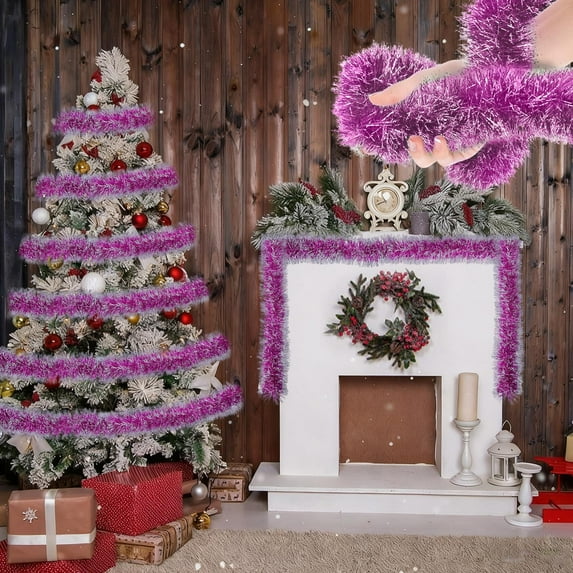 Purple Christmas Garland 6.56 Feet – Foil Fringe Holiday Tree Decor with Thick and Thin Shiny Streamers for Mantel Staircase Door Indoor Xmas Decoration