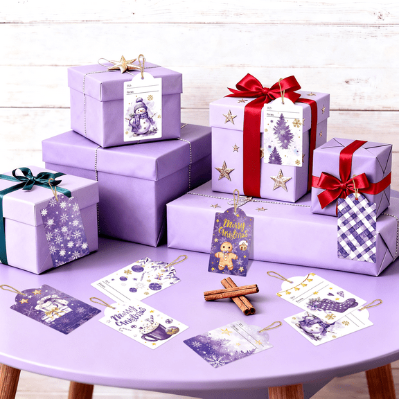 Purple Christmas Gift Tags Set - 60 Pcs with Jute Twine, 10 Gold Foil Designs, 7x4cm Holiday Decorative Tags for Xmas Gifts, Party Favors